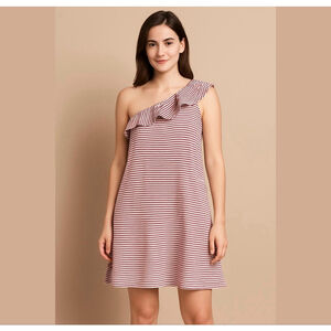 Loft Women's One Shoulder Shift Dress Tiered Burgundy/White Stripes Size L